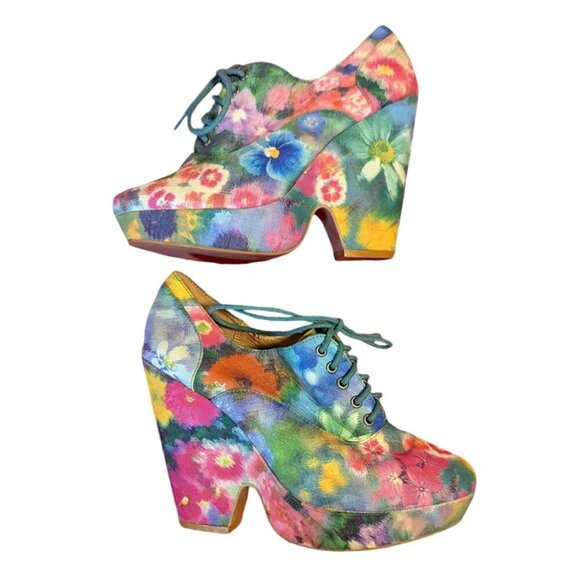 Anthropologie Ecote Wedge Heel Floral Watercolor Platform Lace Up Boho - Picture 1 of 8